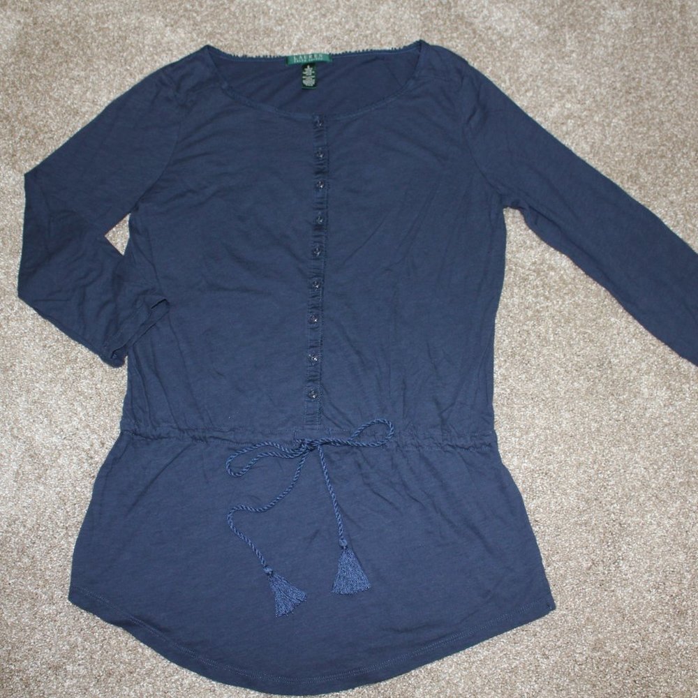 Lauren Ralph Lauren Navy Blue Tunic Top Drawstring Button Womens Size S Small - Picture 5 of 5
